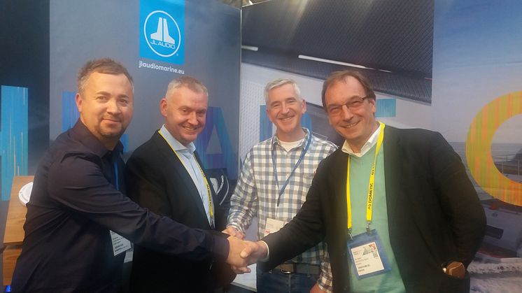 From Left: Mike Keenan, Sales Director, JL Audio Marine Europe; Nils Thoss, Managing Director, Waterloft; Paul Baker, Managing Director, JL Audio Marine Europe; Jὂrg Tapken, Joint Managing Director, Waterloft