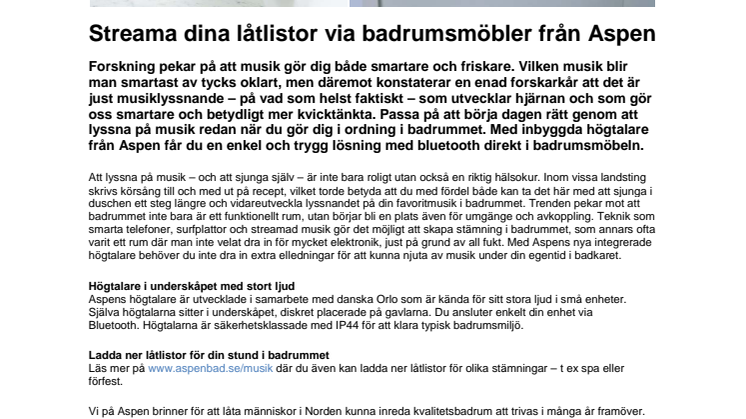 Streama dina låtlistor via badrumsmöbler från Aspen