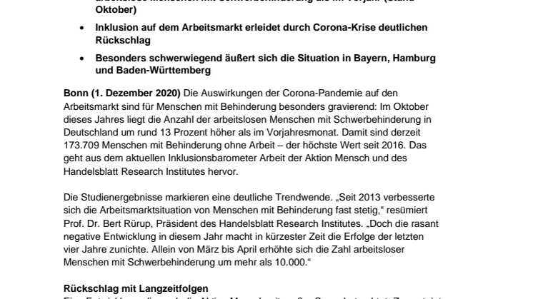 Aktion Mensch warnt: Corona-Pandemie wirft Inklusion auf dem Arbeitsmarkt um vier Jahre zurück