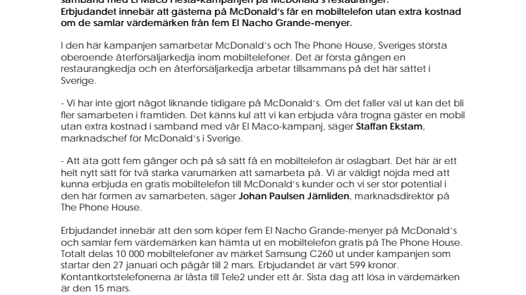 The Phone House och McDonald’s erbjuder 10 000 mobiltelefoner 
