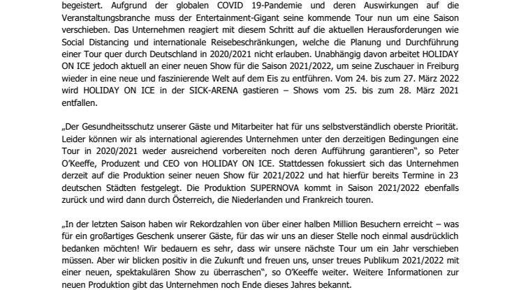 HOLIDAY ON ICE verlegt Showtermine in Freiburg