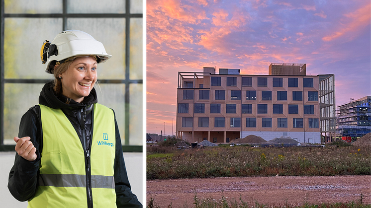 Helena Pålsson, projektledare på Wihlborgs, bredvid innovationshuset Space i Lund, som blev den första byggnaden i sitt slag att kamma hem en nettonollcertifiering