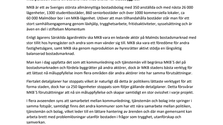 Interpellation från Anders Olin SD till Stefana Hoti MP om samarbete kring-bostadsförsörjning