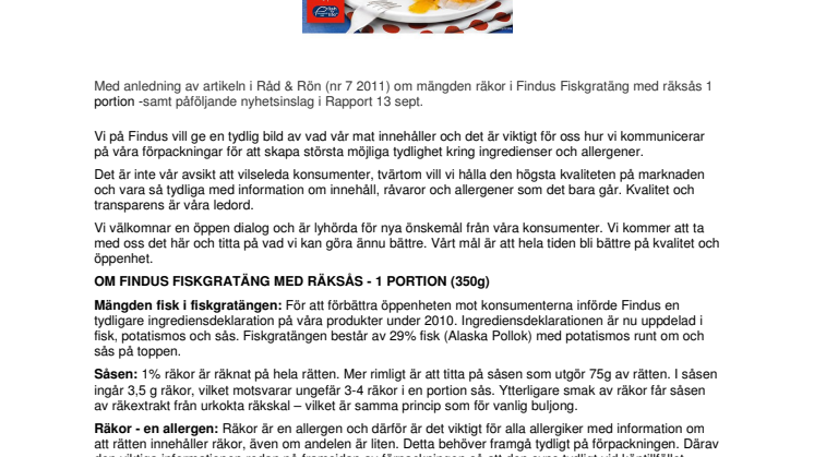 Om Findus Fiskgratäng med räksås 1 portion - kommentar med anledning av Råd & Röns artikel (nr 7 2011)