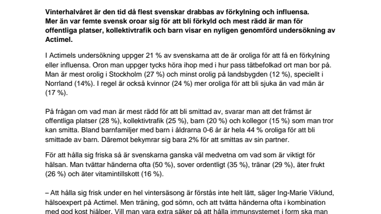 Var femte svensk är rädd för att bli sjuk i vinter