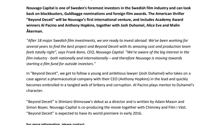 Svenska Nouvago Capital AB investerar i thrillern ”Beyond Deceit” med Al Pacino och Anthony Hopkins