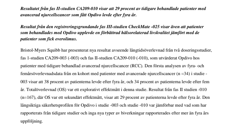 Långtidsöverlevnad och bättre livskvalitet vid behandling med Opdivo® (nivolumab) hos patienter med avancerad njurcellscancer enligt nya data som presenterats på ASCO