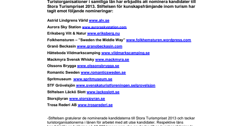 Kandidaterna till Stora Turismpriset 2013 utsedda
