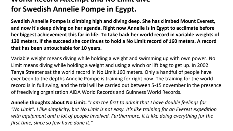 World Record Attempt and No Limit dive for Swedish Annelie Pompe in Egypt