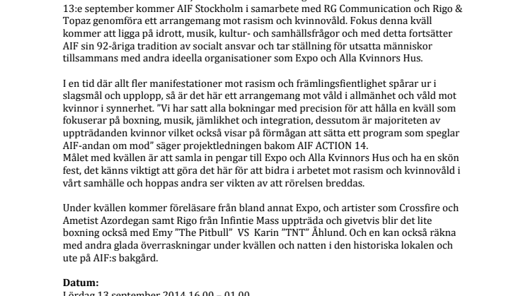 AIF lanserar: AIF ACTION 14 - Boxare och artister mot rasism och kvinnovåld