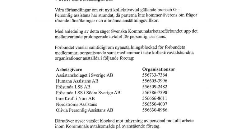 Kommunals varsel mot Vårdföretagarna 2012-04-10