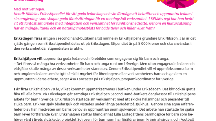 Henrik Lindberg får Eriksstipendiet i Jönköping