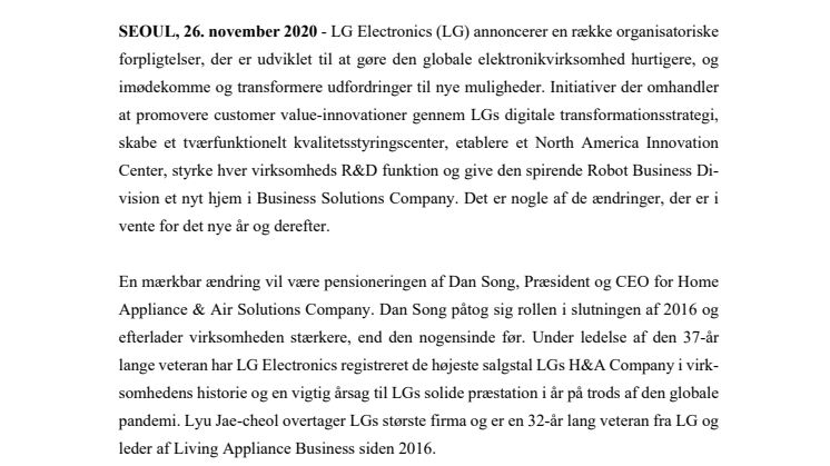 LG ANNONCERER ORGANISATIONSÆNDRINGER FOR HURTIGERE AT KUNNE TILPASSE SIG UFORUDSETE ÆNDRIGER I FORRETNINGSMILJØ