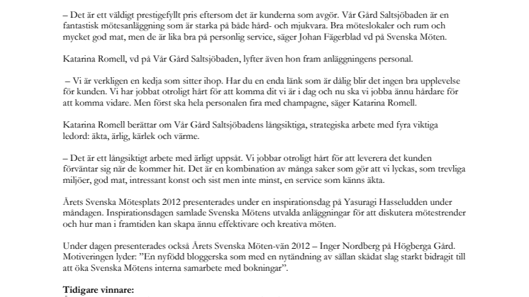 Vår Gård Saltsjöbaden blev Årets Svenska Mötesplats 2012