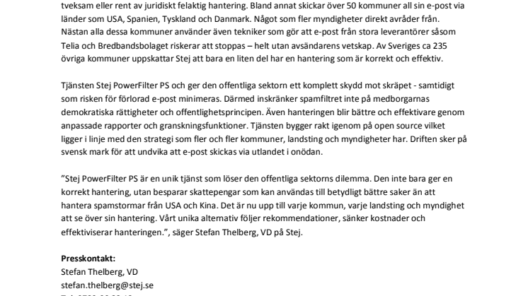 Stej lanserar spamfilter i molnet för offentlig sektor
