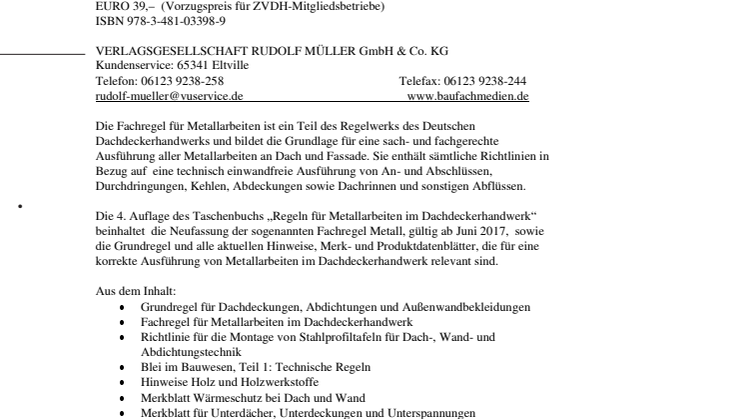 Deutsches Dachdeckerhandwerk - Regeln für Metallarbeiten im Dachdeckerhandwerk