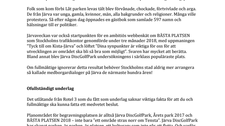 Låt parken leva - hälsning från Järva till ledamöterna i kommunfullmäktige 28 januari 2019