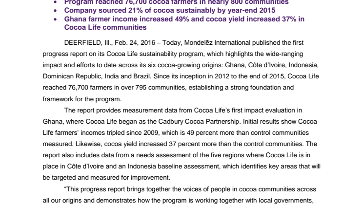 Mondelēz International Reports Strong Progress in Cocoa Life Sustainability Program 