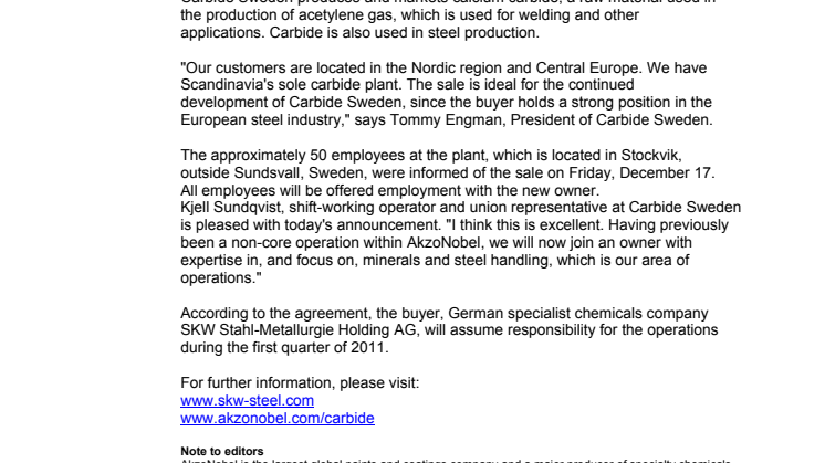 AkzoNobel sells Carbide Sweden