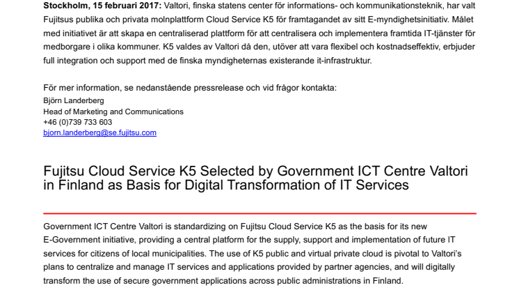 Den finska myndigheten för IT och kommunikation väljer Fujitsu Cloud Service K5 för digital transformation