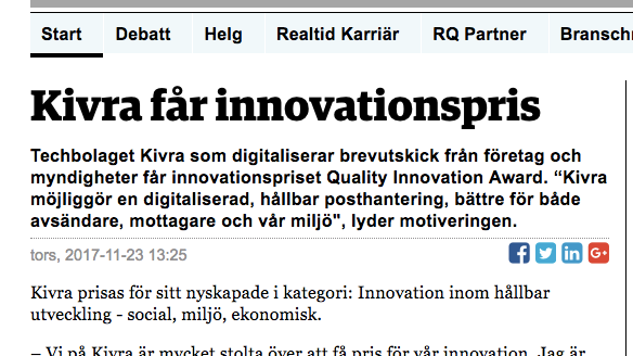 Kivra vinner innovationspris rapporterar Realtid.se