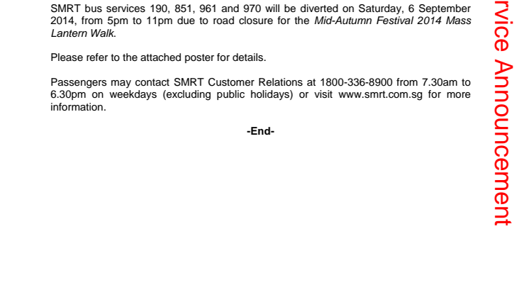 Road Diversion due to Mass Lantern Walk 2014 on 6 September