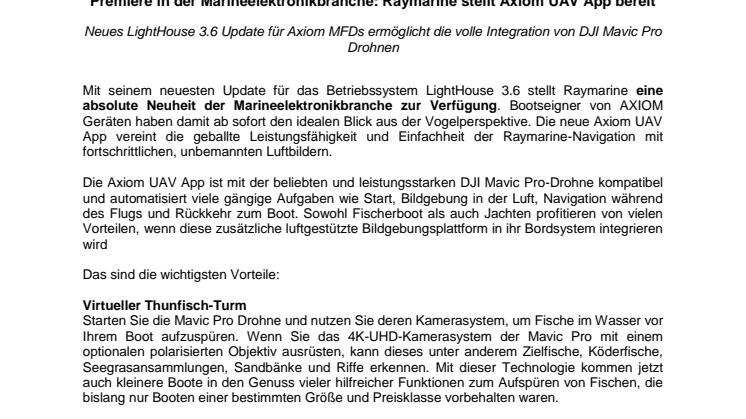 Raymarine: Premiere in der Marineelektronikbranche: Raymarine stellt Axiom UAV App bereit
