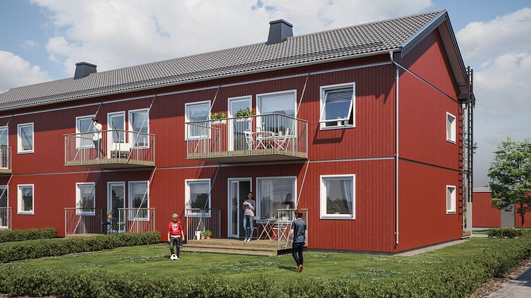 Illustration av trädgårdssida med altaner/balkonger, lägenheterna i BoKlok Växtriket i Tungelsta. 