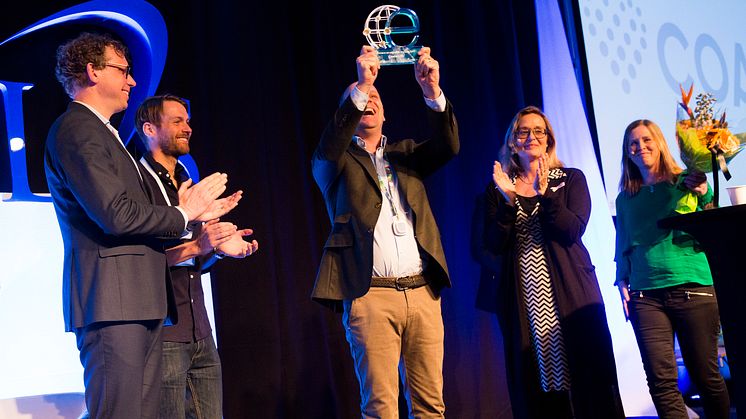Prisutdeling eHealth Award 2017. Från vänster: Staffan Bjessmo, CollaboDoc, Jesper Hassel, Mevia,,Philip Siberg, Coala Life, statssekreterare Agneta Karlsson, Maria Sterner, Vitalis.
