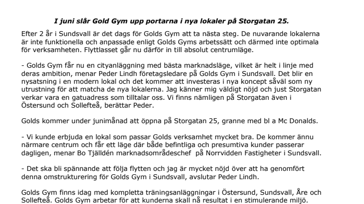 Golds Gym flyttar till bästa centrumläge i Sundsvall