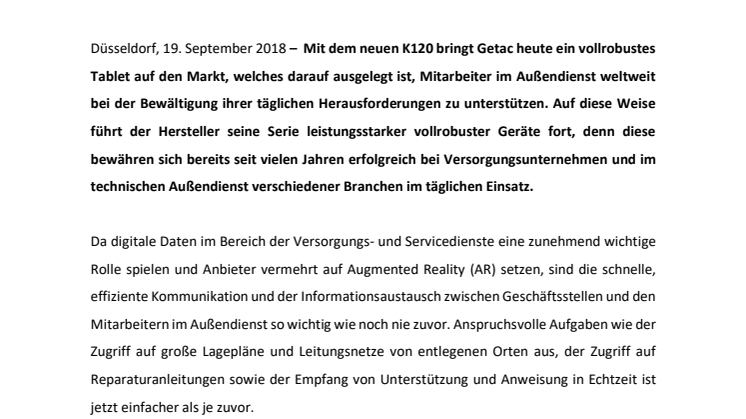 GETAC PRÄSENTIERT VOLLROBUSTES K120 TABLET FÜR VERSORGUNGSUNTERNEHMEN UND TECHNISCHEN AUSSENDIENST