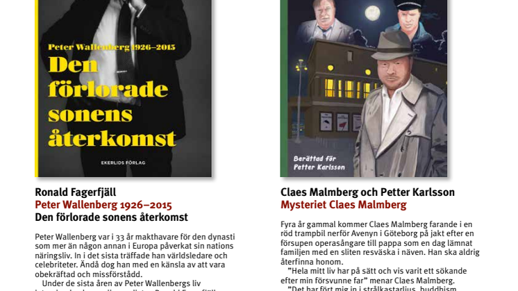 Peter Wallenberg och Claes Malmberg bland höstens utgivning hos Ekerlids Förlag