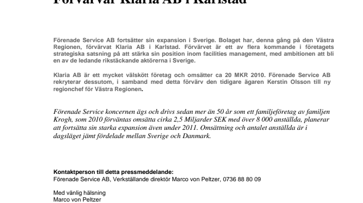 Förenade Service AB förvärvar Klaria AB i Karlstad
