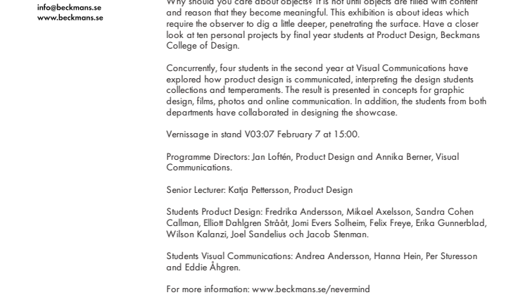 Never Mind the Object - Beckmans College of Design at Stockholm Furniture Fair 2012