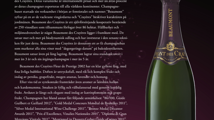 Premiär för ännu en exklusiv champagne från Beaumont des Crayères - Fleur de Prestige 2002 finns nu i Systembolagets beställningssortiment. 