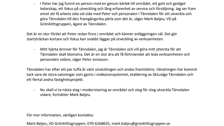 Peter Jonasson ny anläggningschef i Tänndalen 