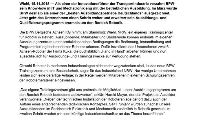 BPW setzt erstmals Roboter in der Aus- und Weiterbildung ein