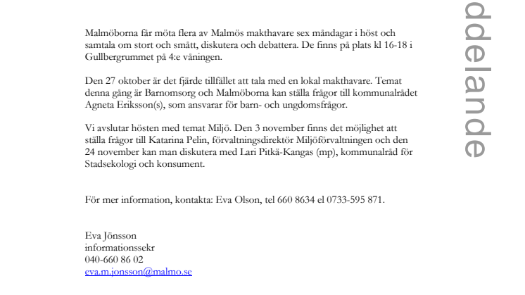 Stadsbiblioteket i Malmö måndag 27 okt: Möt kommunalrådet Agneta Eriksson