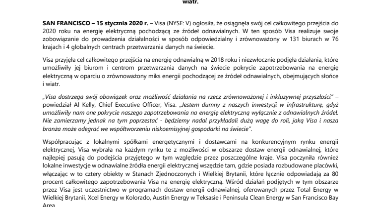 Visa w 100 procentach przechodzi na energię elektryczną pochodzącą z odnawialnych źródeł