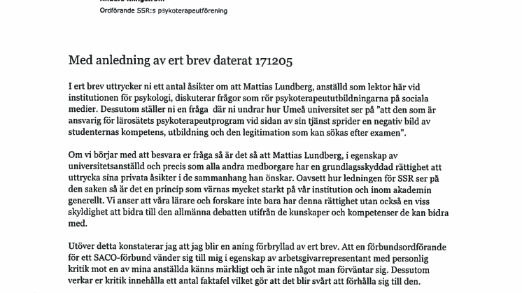 Umeå universitets svar till Akademikerförbundet SSR 171215