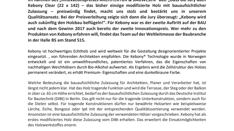BAU 2019: Kebony gewinnt erneut Innovationsspreis "ARCHITEKTUR + BAUWESEN"