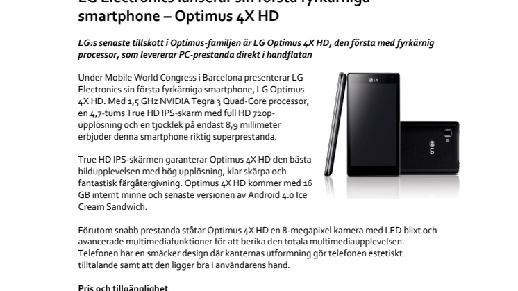 LG Electronics lanserar sin första fyrkärniga smartphone – Optimus 4X HD