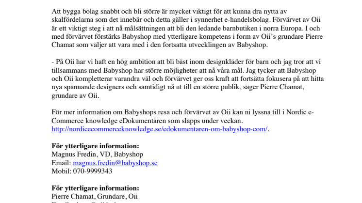 Babyshop förvärvar Oii – stärker sin ledande position i Norden