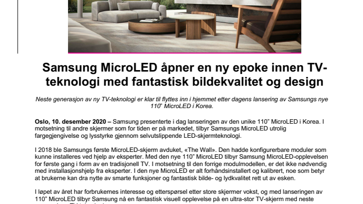 Samsung MicroLED åpner en ny epoke innen TV-teknologi med fantastisk bildekvalitet og design