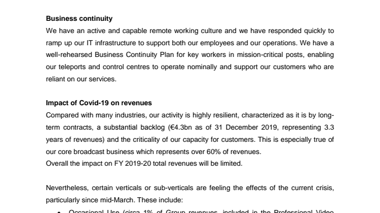 Trading update: impact of Covid-19 crisis on Eutelsat’s operations and financial objectives
