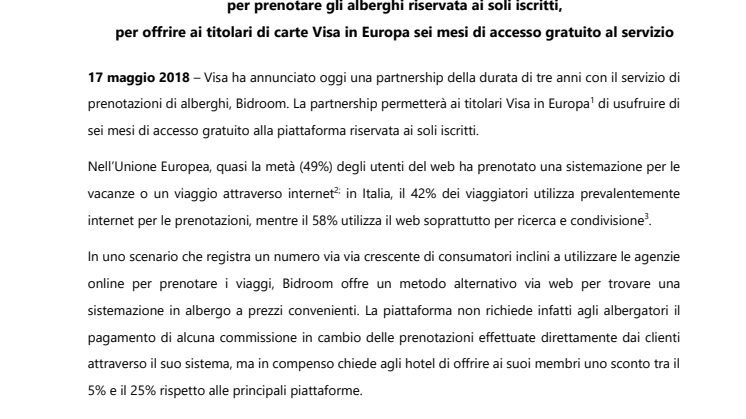 I titolari Visa in Europa risparmiano sulle prenotazioni degli hotel con l’accesso gratuito a Bidroom 