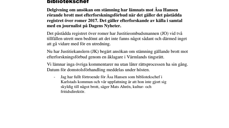 ​Ansökan om stämning inlämnad mot bibliotekschef