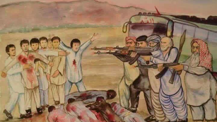 Av Re Za. "Det bild handlar om 2009 eller 10 när 27 Hazara ungdomar ville resa till Iran för att jobba från Quetta Pakistan och Talibanerna stopoade bussen kollade identitet Alla som var Hazara hämtade av bussen och mördade i mitten av gatan."