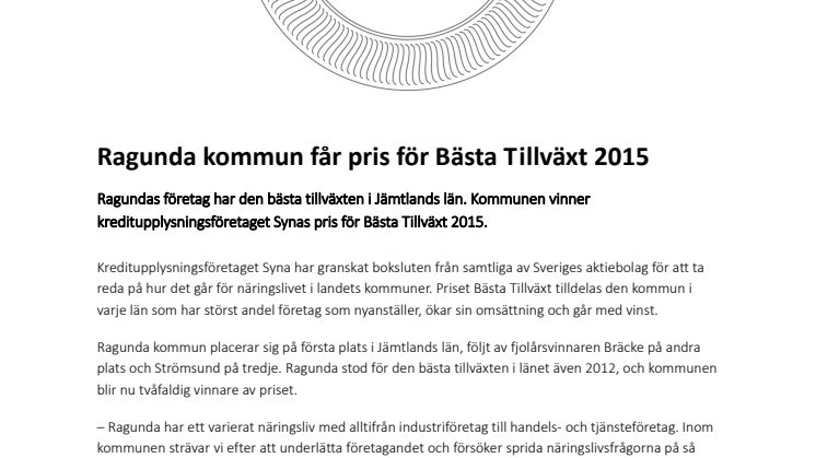 Ragunda kommun får pris för Bästa Tillväxt 2015