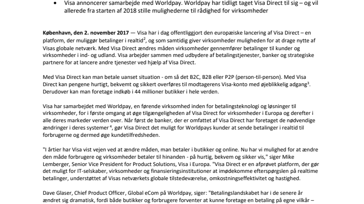 Visa vil ændre betalinger i Europa med Visa Direct – en betalingsplatform i realtid med global rækkevidde